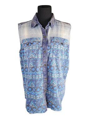 Arrived Blue Tribal Denim Sleeveless Button Up Shirt Medium Grunge Boho Festival